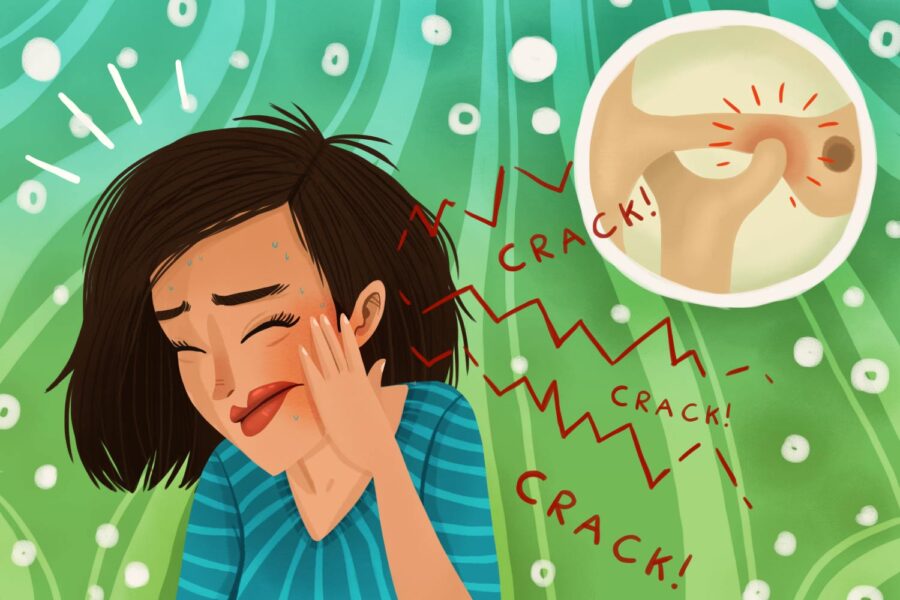 Illustration of a brunette woman cringing in pain and touching her jaw due to TMJ pain, cracking, and dysfunction