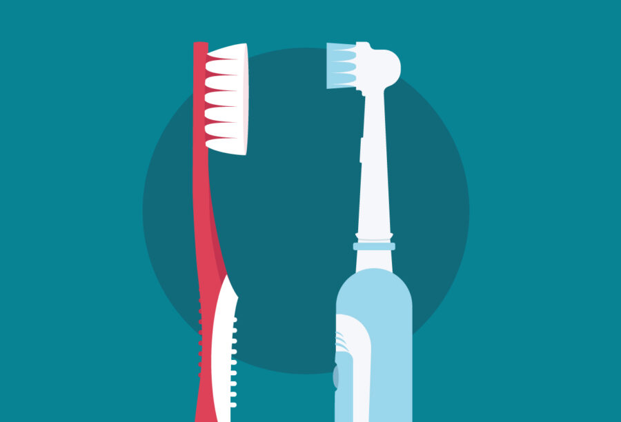 A red manual toothbrush faces a light blue electric toothbrush against a teal background