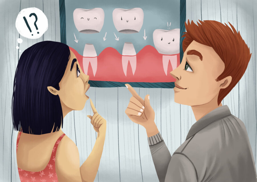 woman talking to a man about a dental crown, loose crown, dental crown repair, Serene Dentistry, McKinney TX, crown replacement, dental emergency, re-cementing crown, Dr. Jay Jayachandran